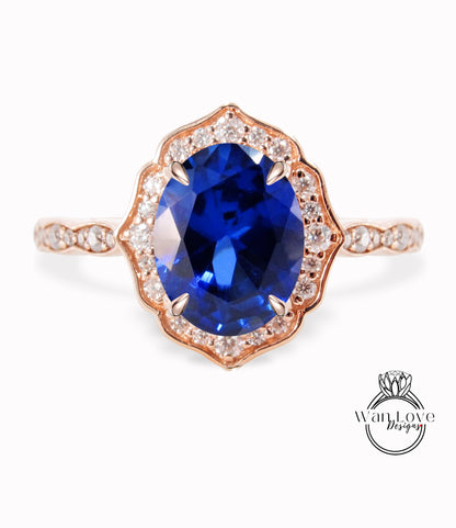 Anello di fidanzamento con zaffiro blu di forma ovale, anello con alone di diamanti, anello smerlato art deco, anello vintage unico, anello in oro rosa, anello anniversario