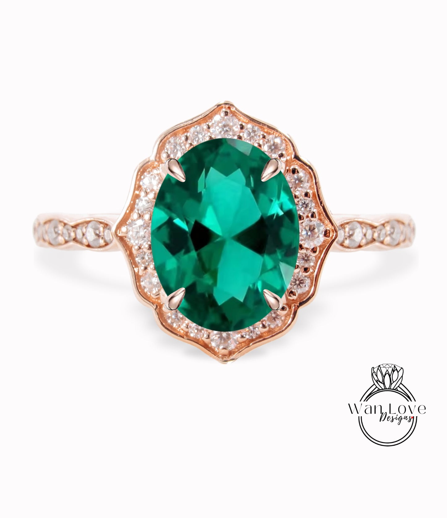 Emerald & Diamond halo scalloped engagement ring unique vintage ring rose gold bridal wedding ring anniversary gift