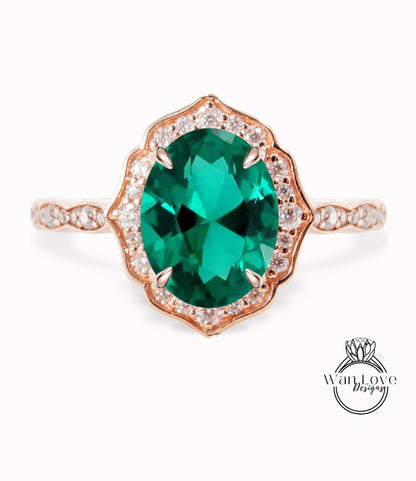 Emerald & Diamond halo scalloped engagement ring unique vintage ring rose gold bridal wedding ring anniversary gift