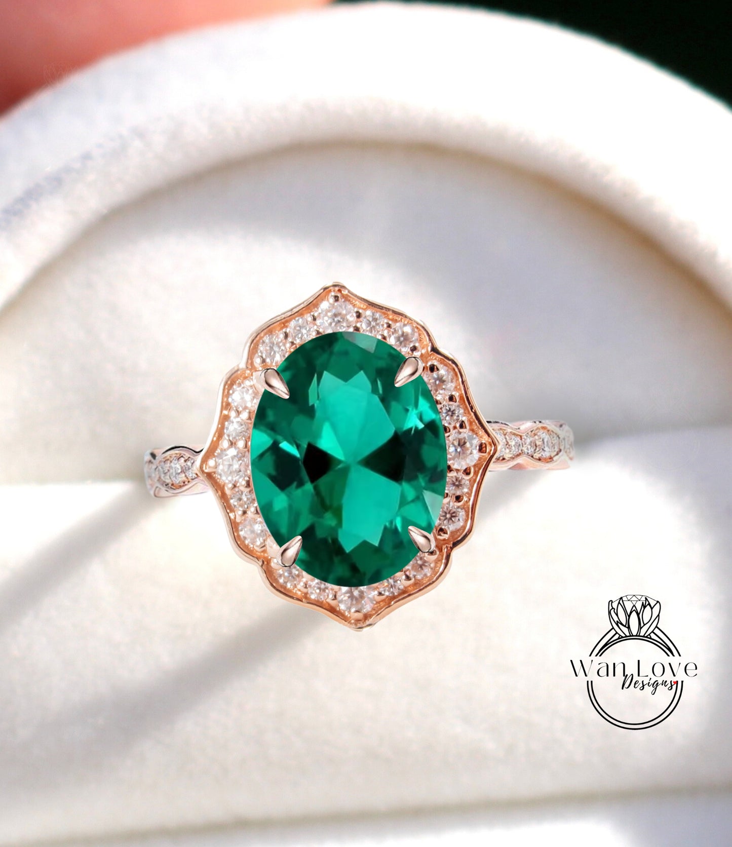 Emerald & Diamond halo scalloped engagement ring unique vintage ring rose gold bridal wedding ring anniversary gift