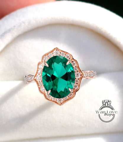 Emerald & Diamond halo scalloped engagement ring unique vintage ring rose gold bridal wedding ring anniversary gift