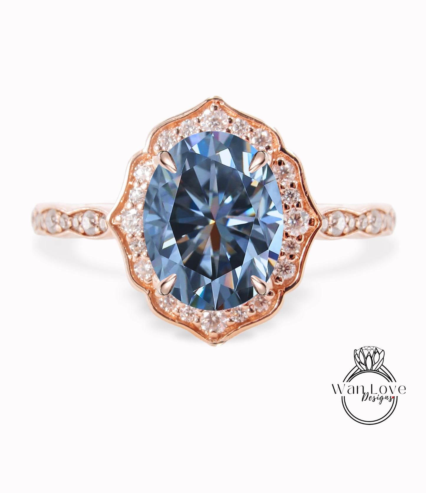 Grey Moissanite & Diamond halo scalloped engagement ring unique vintage ring rose gold bridal wedding ring anniversary gift