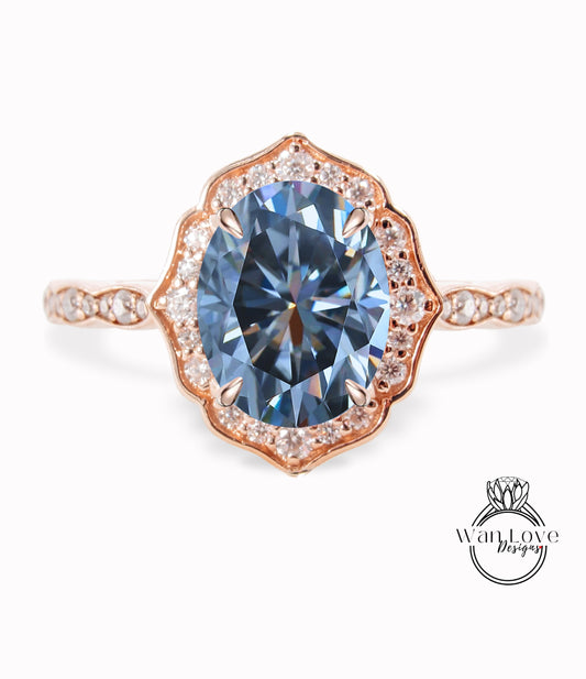Grey Moissanite & Diamond halo scalloped engagement ring unique vintage ring rose gold bridal wedding ring anniversary gift