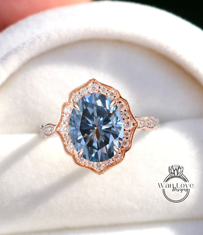 Grey Moissanite & Diamond halo scalloped engagement ring unique vintage ring rose gold bridal wedding ring anniversary gift