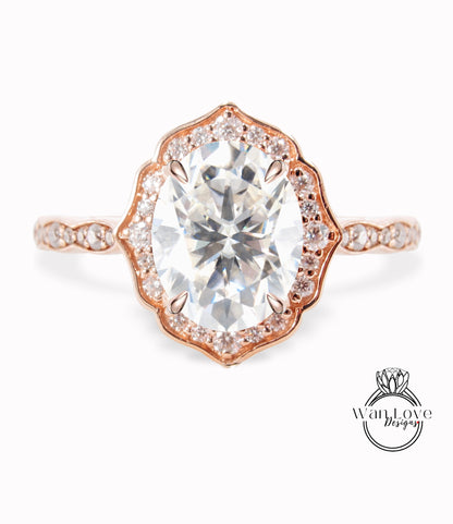 Moissanite & Diamond halo scalloped engagement ring unique vintage ring rose gold bridal wedding ring anniversary gift