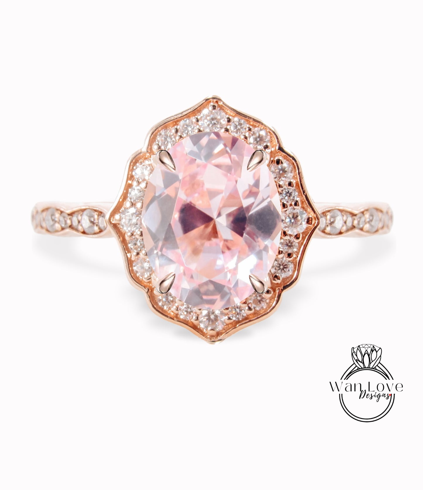 Anello di fidanzamento con zaffiro pesca a forma ovale, anello con alone di diamanti, anello smerlato in moissanite, anello vintage unico, anello in oro rosa, anello anniversario