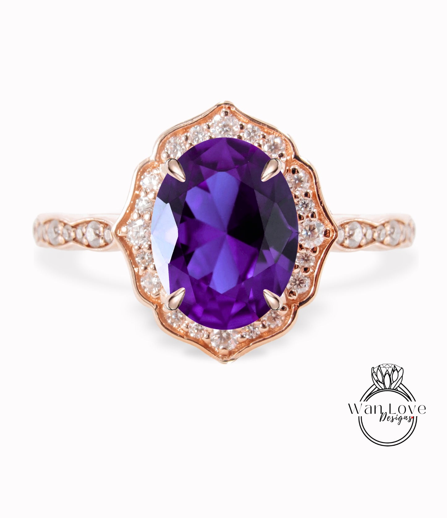 Purple Alexandrite Sapphire & Diamond halo scalloped engagement ring unique vintage ring rose gold bridal wedding ring anniversary gift