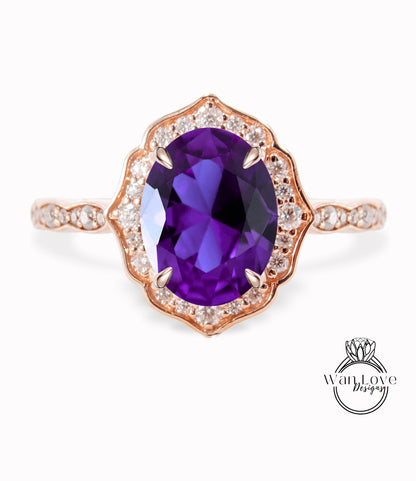 Purple Alexandrite Sapphire & Diamond halo scalloped engagement ring unique vintage ring rose gold bridal wedding ring anniversary gift