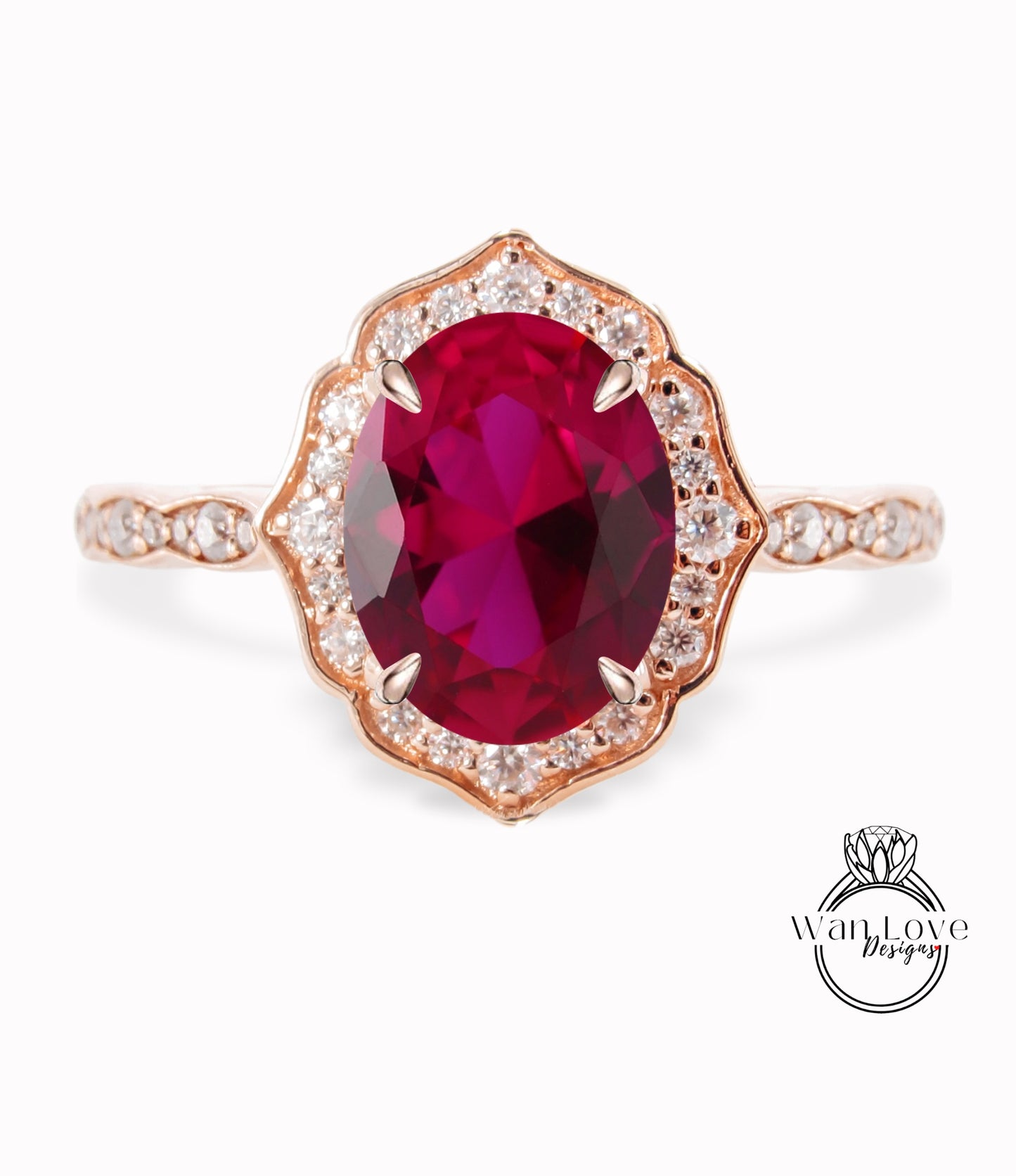 Ruby & Diamond halo scalloped engagement ring unique vintage ring rose gold bridal wedding ring anniversary gift