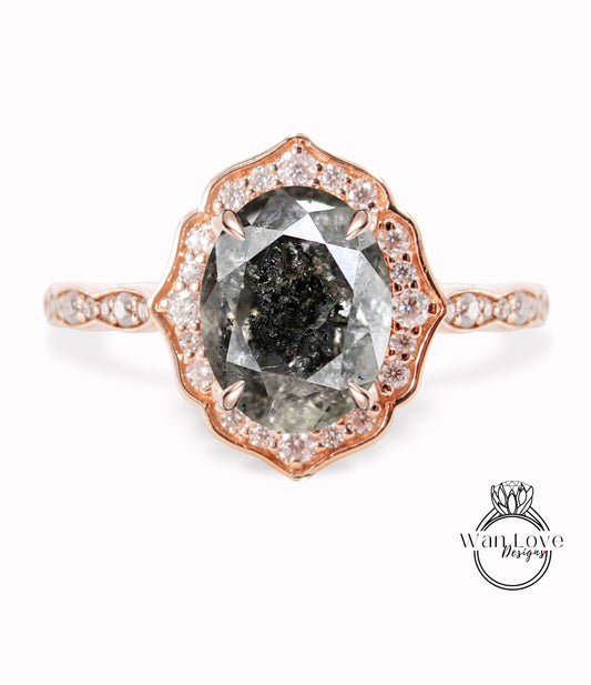Salt & Pepper Diamond halo scalloped engagement ring unique vintage ring rose gold bridal wedding ring anniversary gift