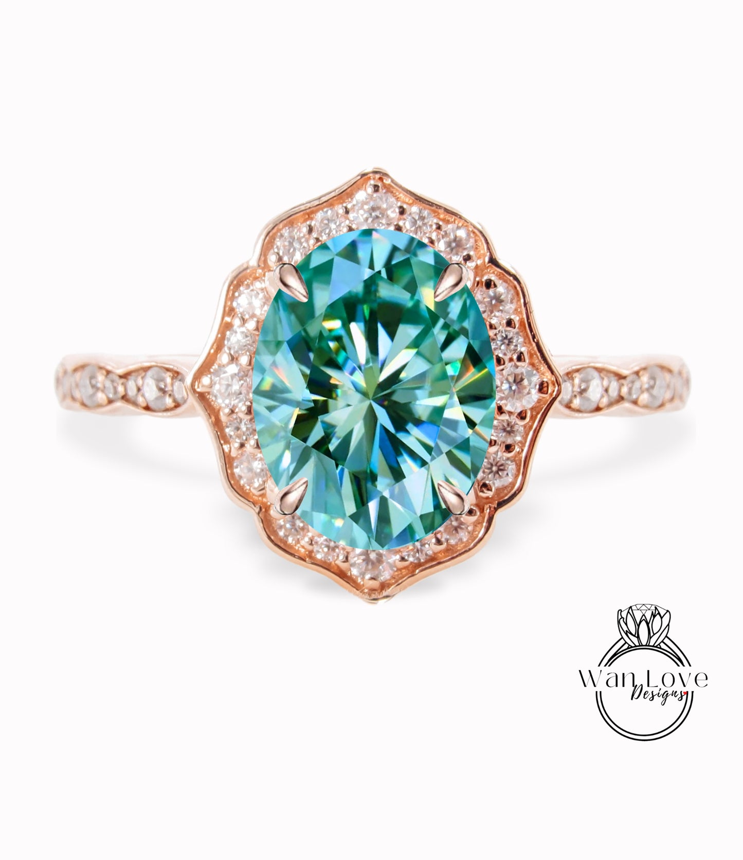 Teal Blue Green Moissanite & Diamond halo scalloped engagement ring unique vintage ring rose gold bridal wedding ring anniversary gift