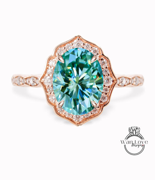 Teal Blue Green Moissanite & Diamond halo scalloped engagement ring unique vintage ring rose gold bridal wedding ring anniversary gift