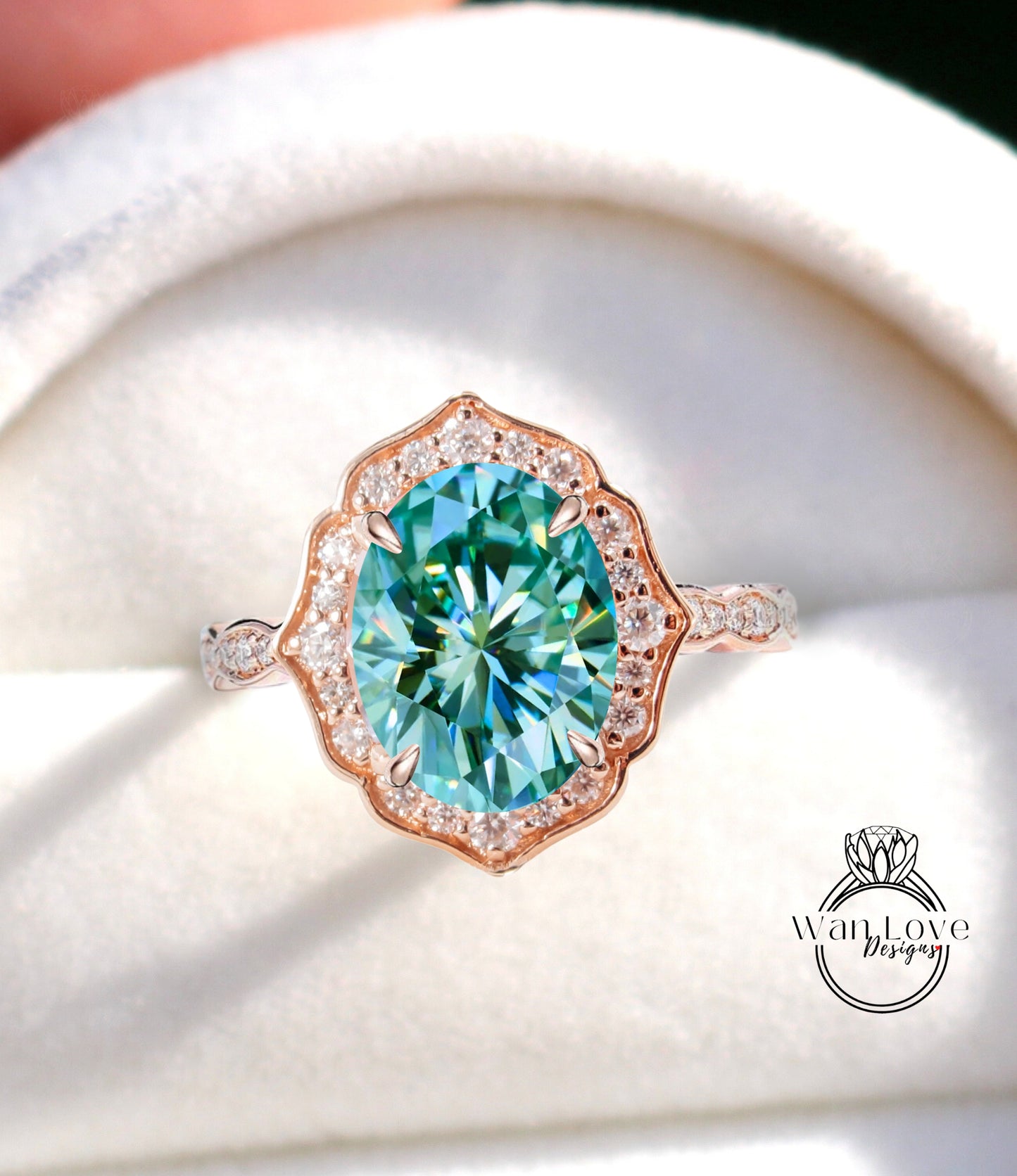 Teal Blue Green Moissanite & Diamond halo scalloped engagement ring unique vintage ring rose gold bridal wedding ring anniversary gift