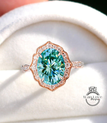 Teal Blue Green Moissanite & Diamond halo scalloped engagement ring unique vintage ring rose gold bridal wedding ring anniversary gift