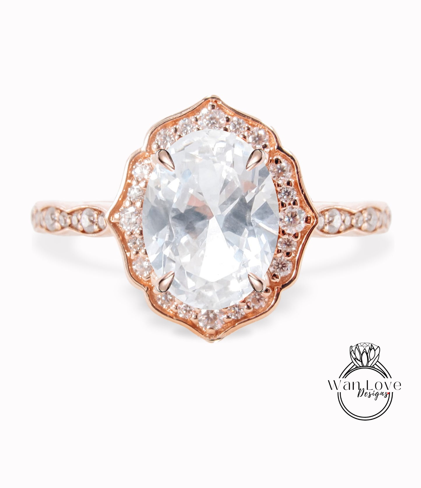 White Sapphire & Diamond halo scalloped engagement ring unique vintage ring rose gold bridal wedding ring anniversary gift
