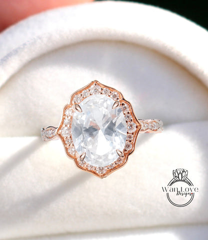 White Sapphire & Diamond halo scalloped engagement ring unique vintage ring rose gold bridal wedding ring anniversary gift