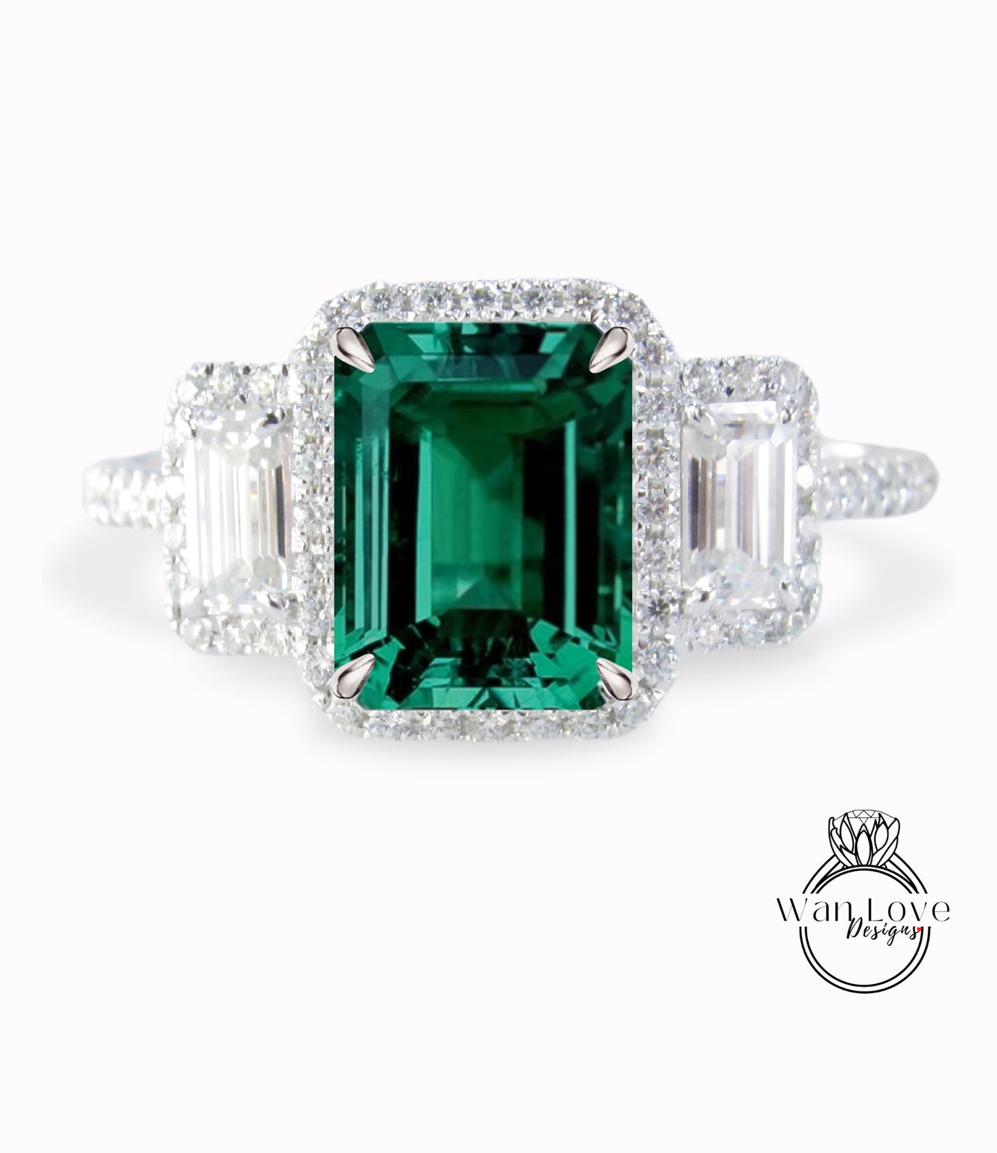 Emerald Halo Anello baguette con smeraldo e diamanti, anello di fidanzamento Art Déco, anello con pietra laterale con diamante, anello con tre pietre Halo con diamante