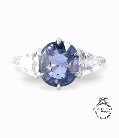 Natural Blue Sapphire & Diamond Cushion three gem stones engagement ring Antique gold unique trillion wedding Vintage bridal ring anniversary gift