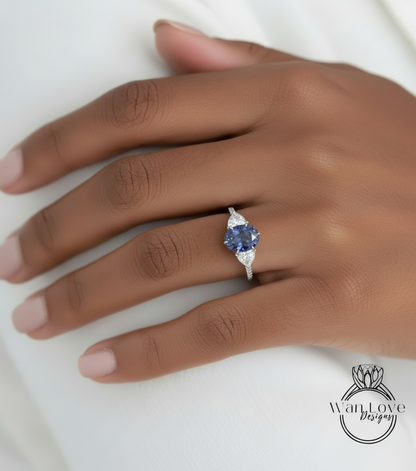 Natural Blue Sapphire & Moissanite Cushion three gem stones engagement ring Antique white gold unique trillion wedding Vintage bridal ring anniversary gift-Ready to Ship