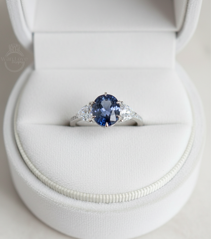 Natural Blue Sapphire & Moissanite Cushion three gem stones engagement ring Antique white gold unique trillion wedding Vintage bridal ring anniversary gift-Ready to Ship