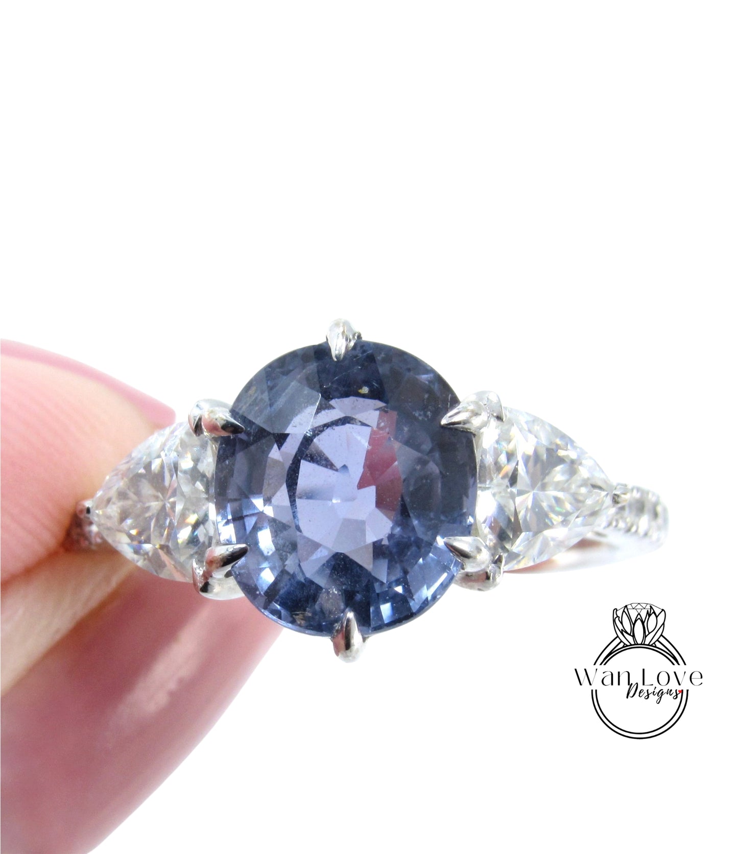 Natural Blue Sapphire & Diamond Cushion three gem stones engagement ring Antique gold unique trillion wedding Vintage bridal ring anniversary gift