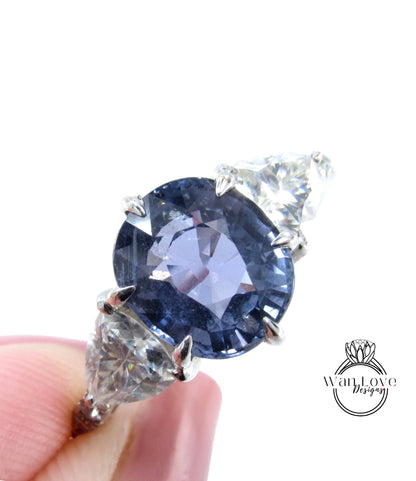 Natural Blue Sapphire & Diamond Cushion three gem stones engagement ring Antique gold unique trillion wedding Vintage bridal ring anniversary gift