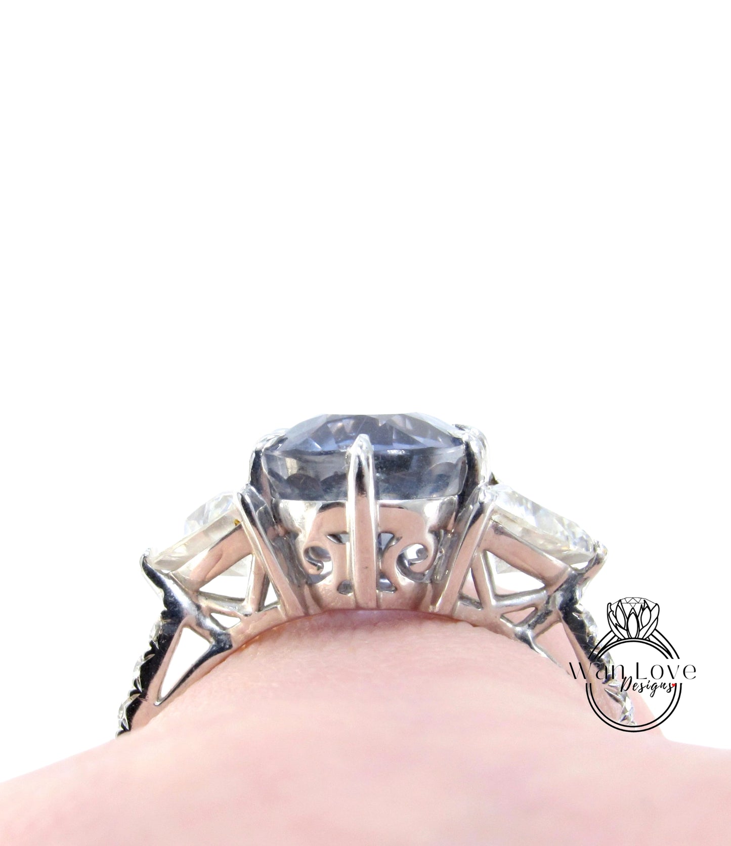 Natural Blue Sapphire & Diamond Cushion three gem stones engagement ring Antique gold unique trillion wedding Vintage bridal ring anniversary gift