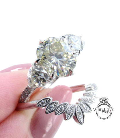 Yellow White Moissanite engagement ring set Cushion moissanite white gold ring curved matching band trillion moissanite ring bridal set