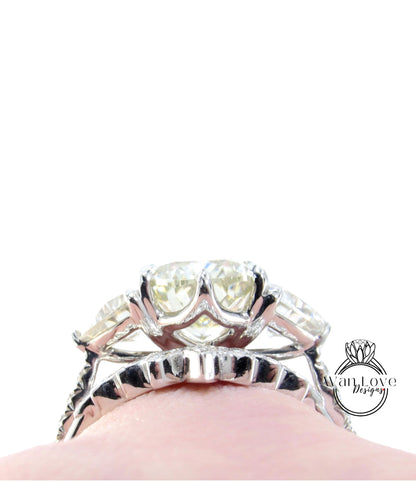 Yellow White Moissanite engagement ring set Cushion moissanite white gold ring curved matching band trillion moissanite ring bridal set
