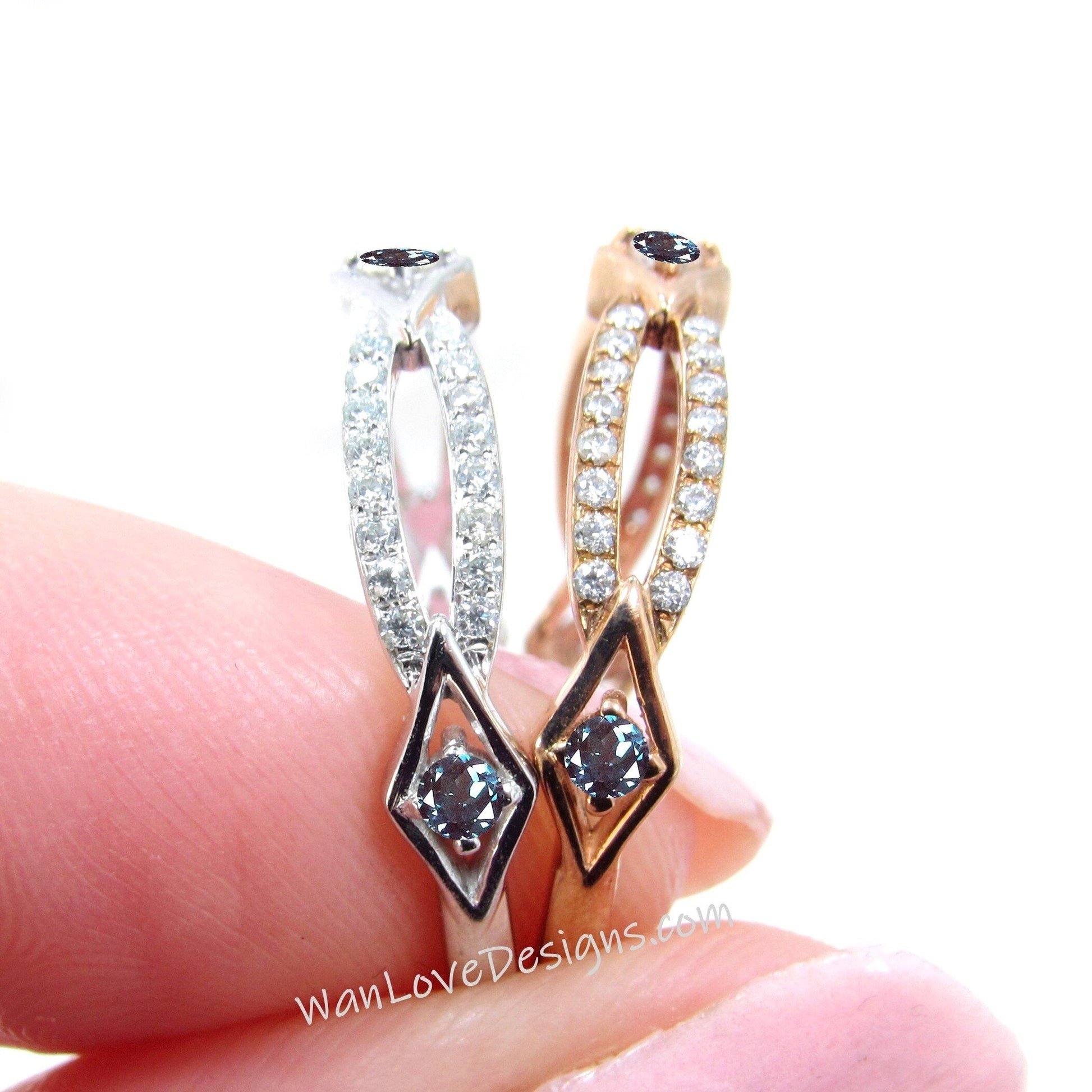 Alexandrite Art Deco Wedding Band, Diamond Geometric Split Shank Wedding Ring, Round 18k Rose Gold Wedding Band, Custom Birthstone Ring Wan Love Designs