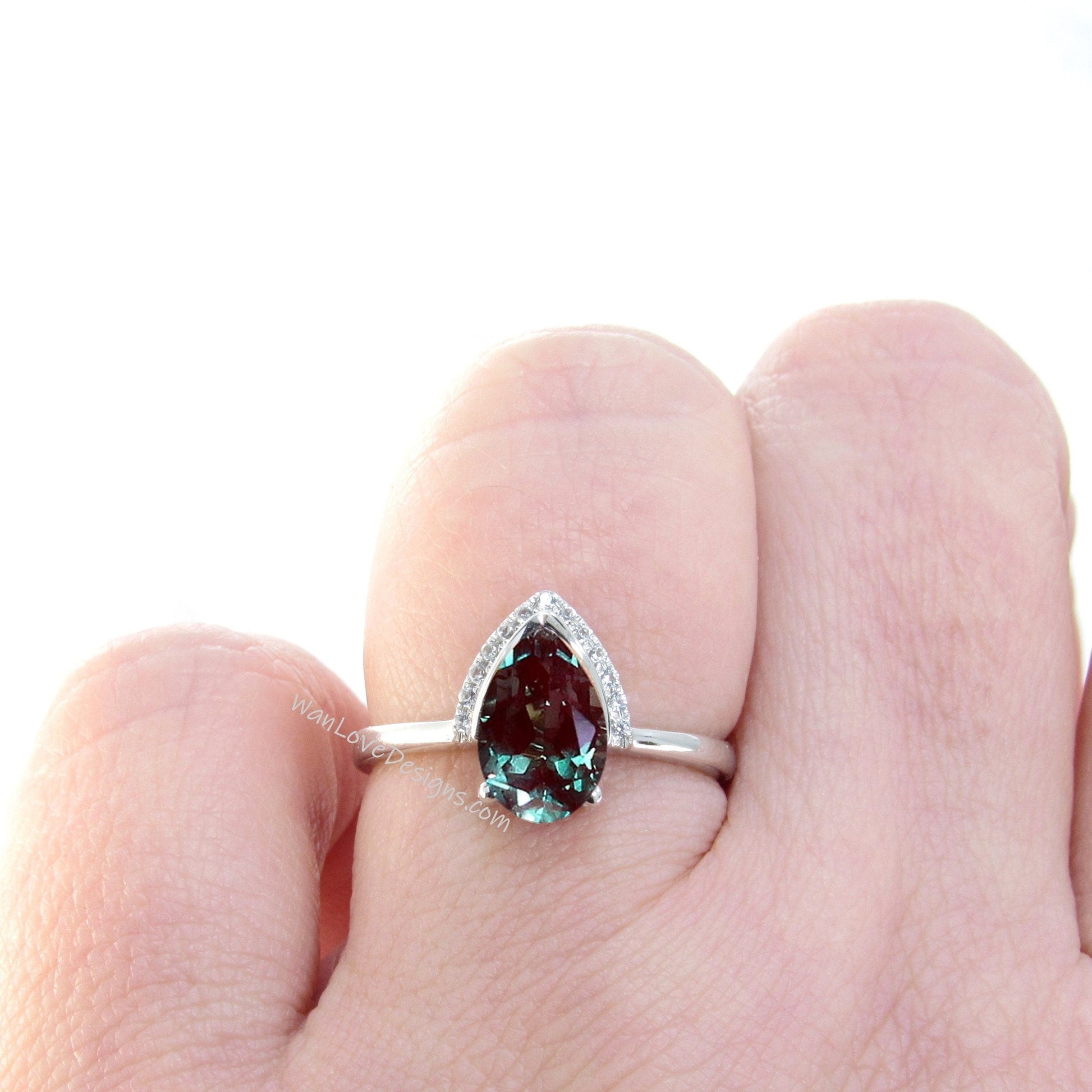 Alexandrite Birthstone Diamond Pear Modern Semi Bezel Crescent Half Halo Unique Engagement Ring,Custom,WanLoveDesigns Wan Love Designs