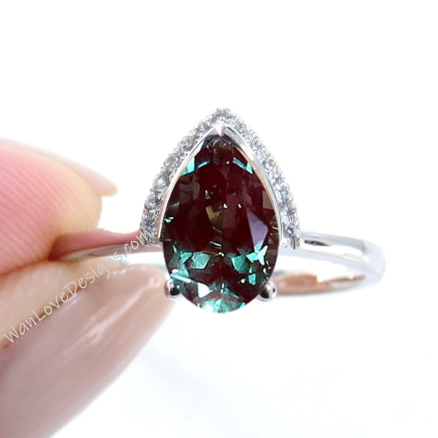 Alexandrite Birthstone Diamond Pear Modern Semi Bezel Crescent Half Halo Unique Engagement Ring,Custom,WanLoveDesigns Wan Love Designs