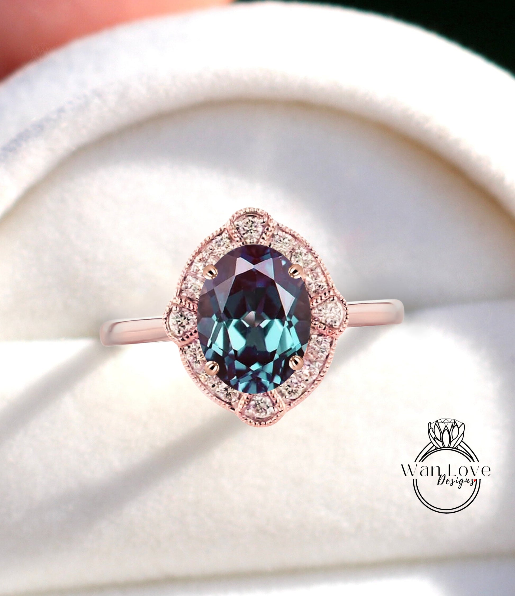 Alexandrite & Diamond Art Deco Oval Engagement Ring, Tapered plain band, 14k 18k White Yellow Rose Gold, Platinum, Custom vintage milgrain halo ring Wan Love Designs