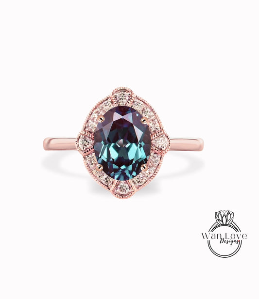 Alexandrite & Diamond Art Deco Oval Engagement Ring, Tapered plain band, 14k 18k White Yellow Rose Gold, Platinum, Custom vintage milgrain halo ring Wan Love Designs