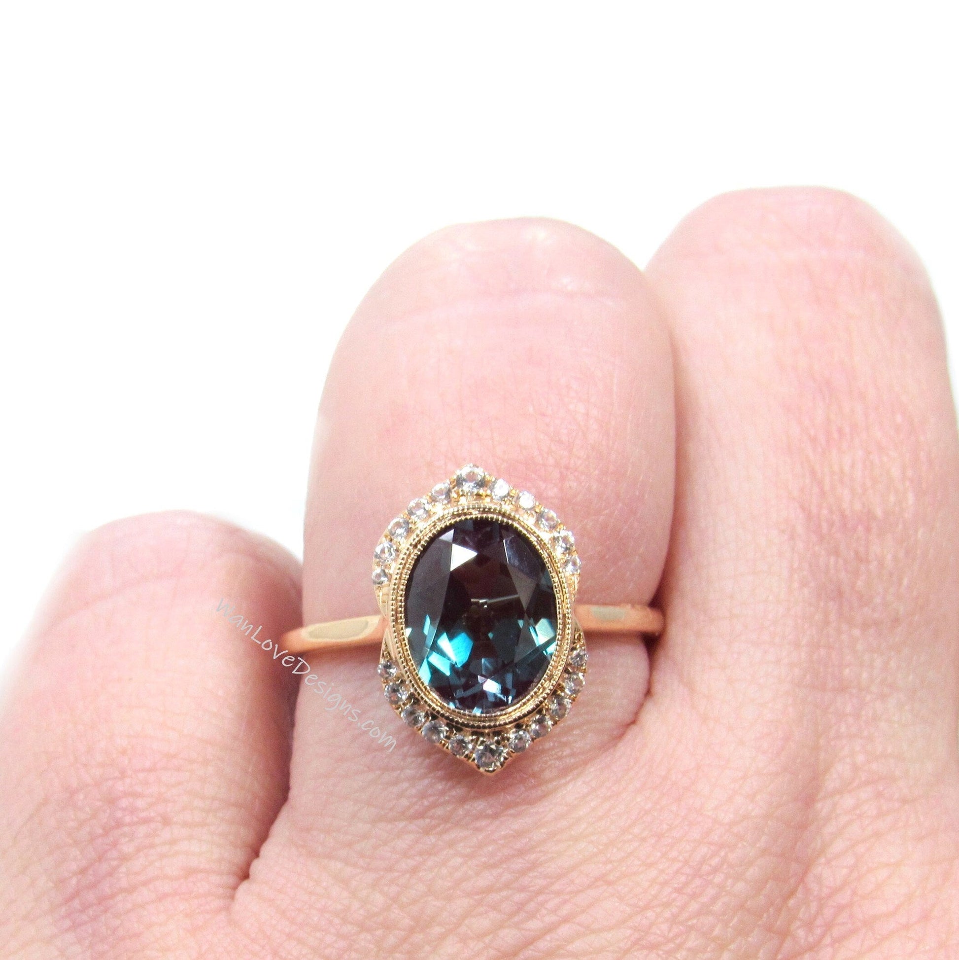 Alexandrite Diamond Art Deco Unique Oval Bezel Halo WITH or Without Milgrain Engagement Ring Unique Oval Halo Wedding Ring Diamond Gold Ring Wan Love Designs