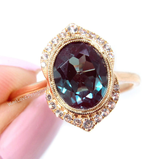 Alexandrite Diamond Art Deco Unique Oval Bezel Halo WITH or Without Milgrain Engagement Ring Unique Oval Halo Wedding Ring Diamond Gold Ring Wan Love Designs