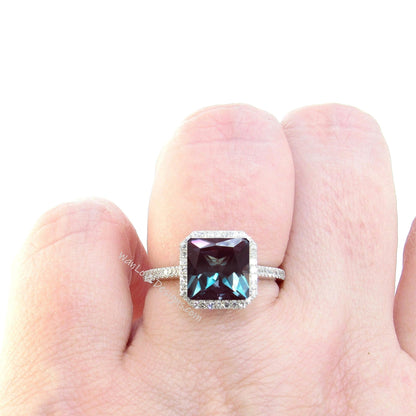 Alexandrite & Diamond Asscher Halo Engagement Ring, Floating Princess Square, Custom, 14kt 18kt Gold, Platinum, WanLoveDesigns Wan Love Designs