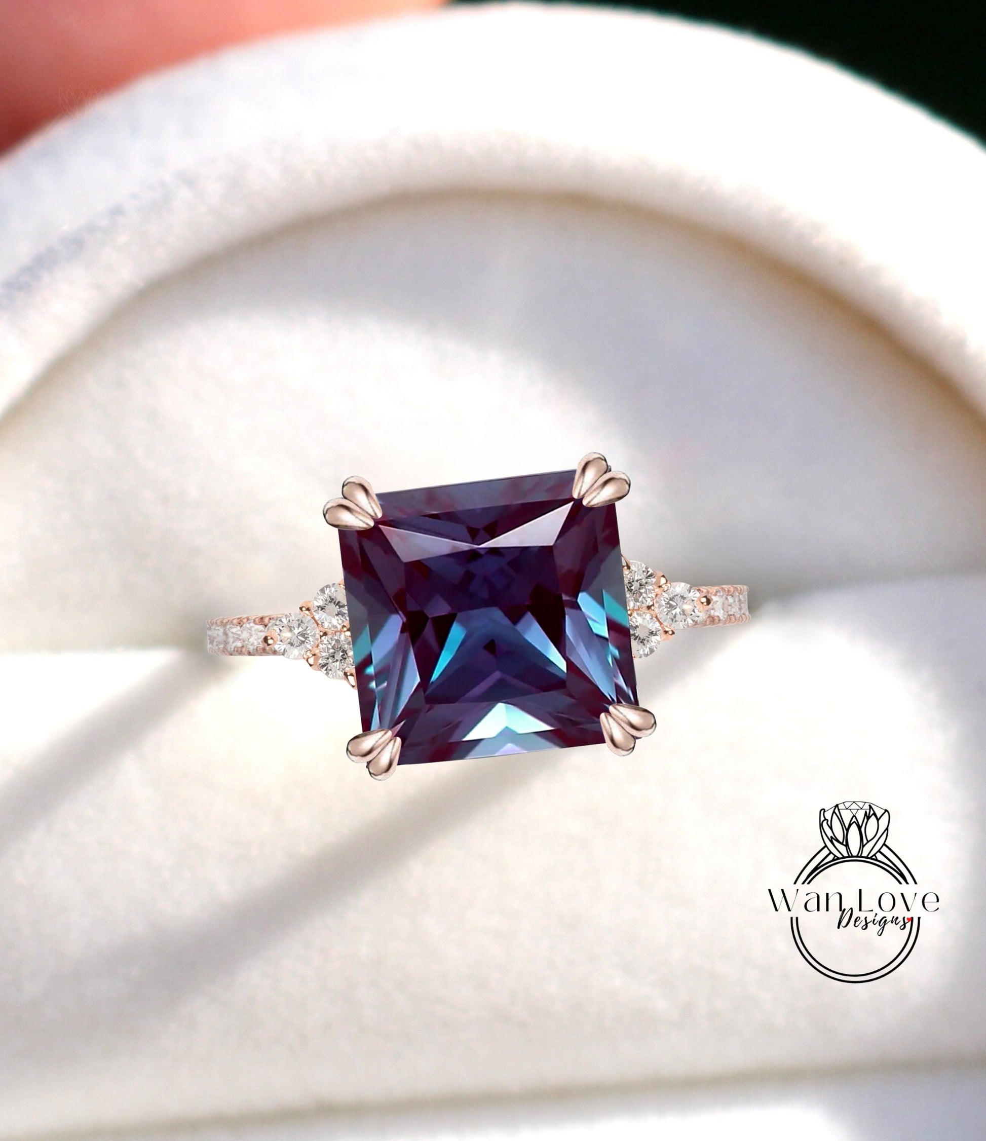 Alexandrite & Diamond Asscher Trio Pave Engagement Ring, 3 gemstone, Custom, 14kt 18kt Gold, Platinum, Wedding, Anniversary, WanLoveDesigns Wan Love Designs