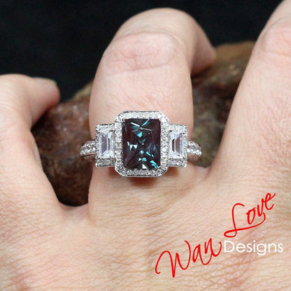 Alexandrite & Diamond Baguette Emerald Engagement Ring, 3ct 9x7mm, Custom, 14k 18k White Yellow Rose gold-Platinum-Custom-Wedding-Gift Wan Love Designs
