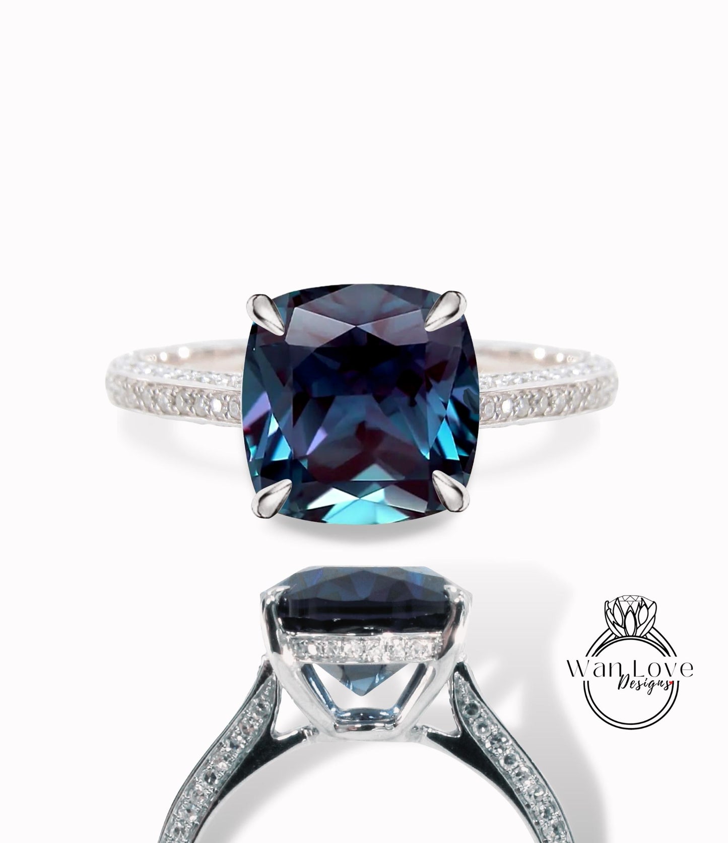 Alexandrite & Diamond Cushion Engagement Ring, 3/4 Almost Eternity, 3 side, 3ct, 8mm, Custom, 14k 18k White Yellow Rose Gold,Platinum,Weding Wan Love Designs