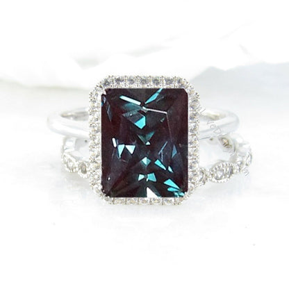 Alexandrite Diamond & Diamond Emerald Halo Engagement Ring set, Milgrain Leaf Full Eternity Wedding Band, Custom,14kt 18kt Gold Wan Love Designs