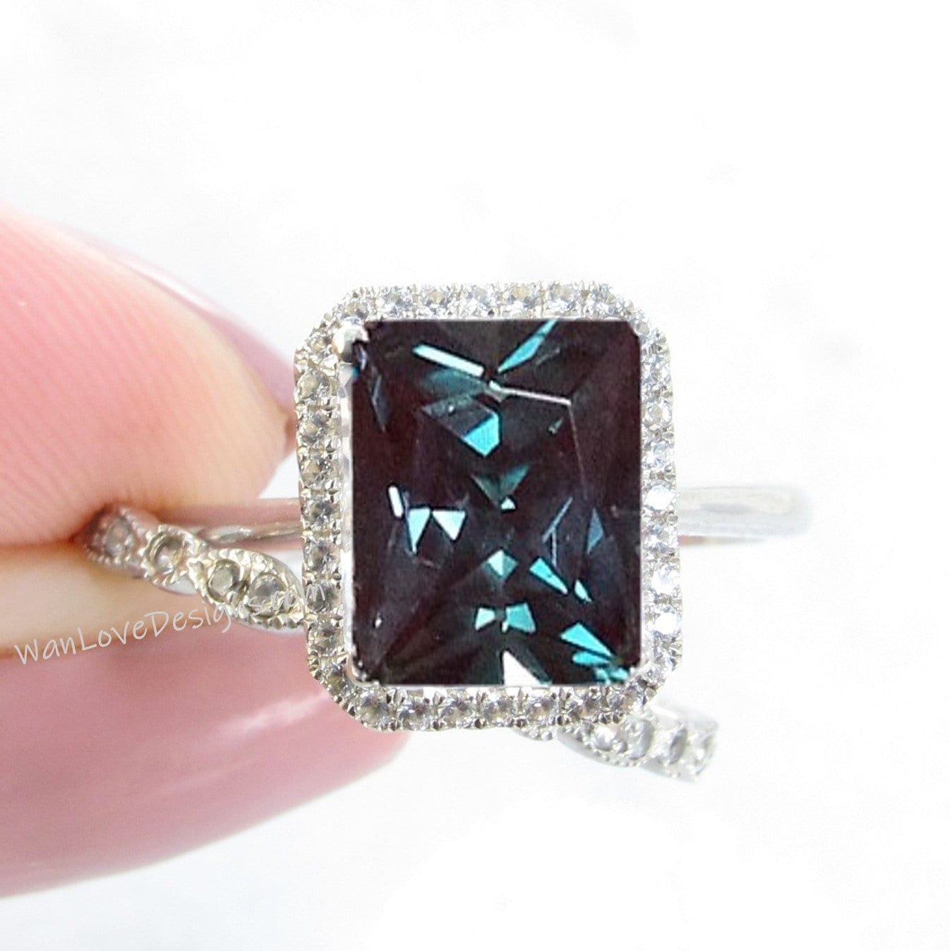 Alexandrite Diamond & Diamond Emerald Halo Engagement Ring set, Milgrain Leaf Full Eternity Wedding Band, Custom,14kt 18kt Gold Wan Love Designs