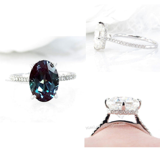 Alexandrite & Diamond Elongated Cushion Side Halo Engagement Ring, 14kt 18kt Rose gold-Platinum-Wedding, WanLoveDesigns Wan Love Designs