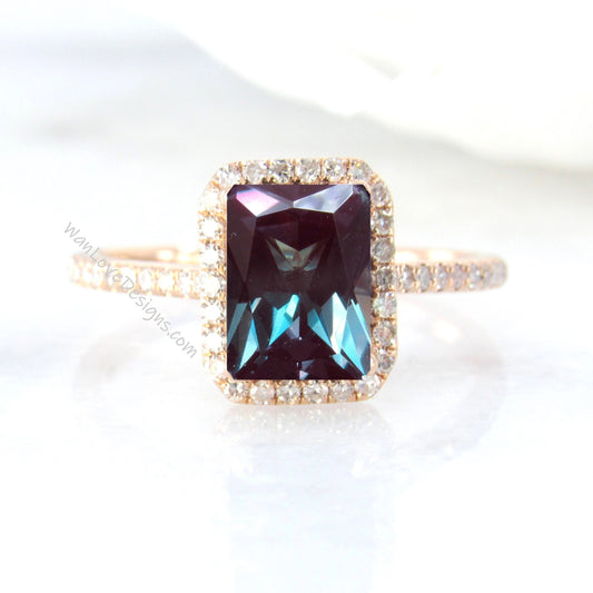 Alexandrite & Diamond Emerald Halo Engagement Ring,  Custom, 14k White Yellow Rose Gold, Platinum, Wedding, Anniversary Gift Wan Love Designs