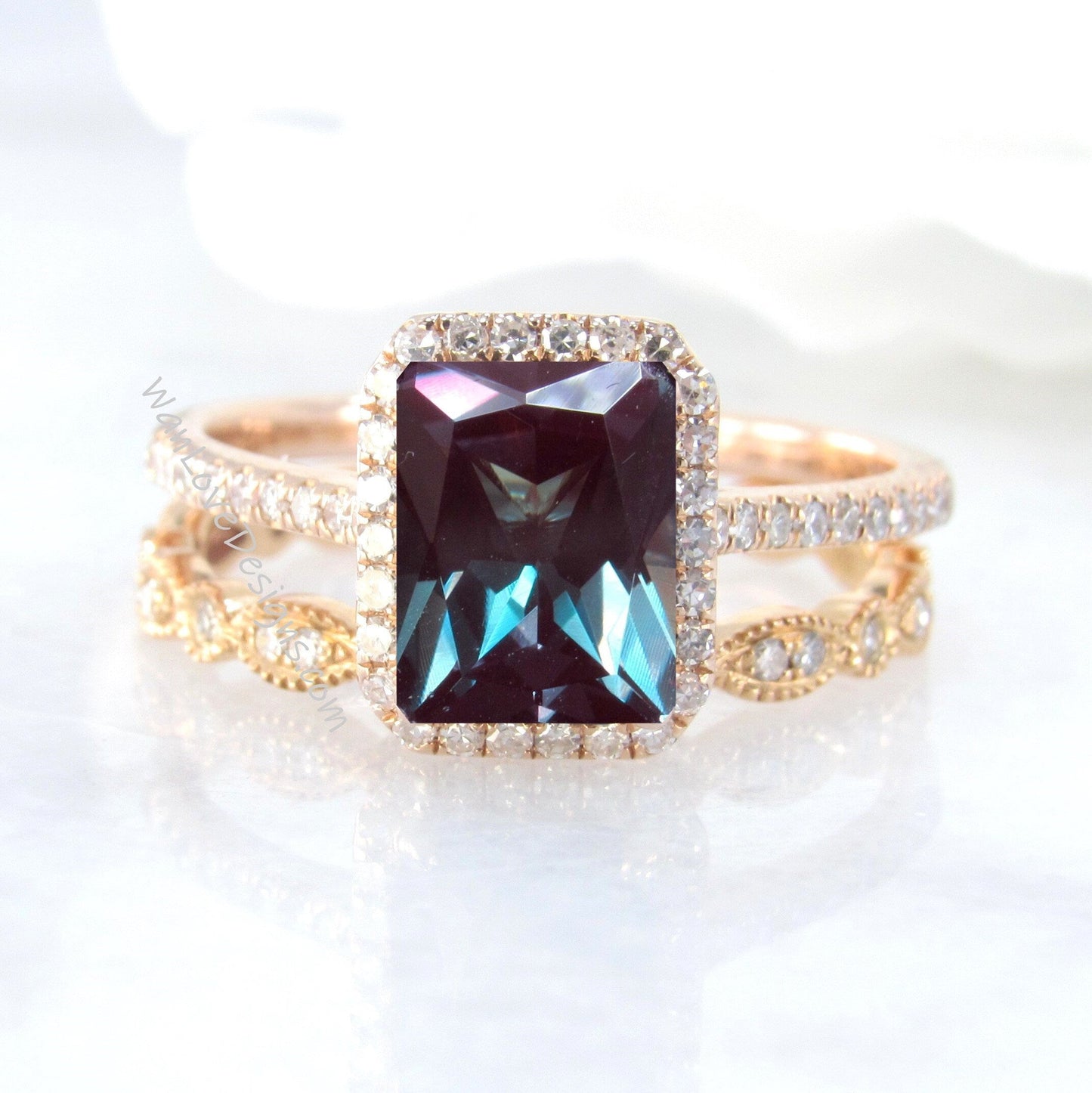 Alexandrite & Diamond Emerald Halo Engagement Ring Set-band Custom-Wedding-Anniversary 14k 18k White Yellow Rose Gold-Platinum Wan Love Designs