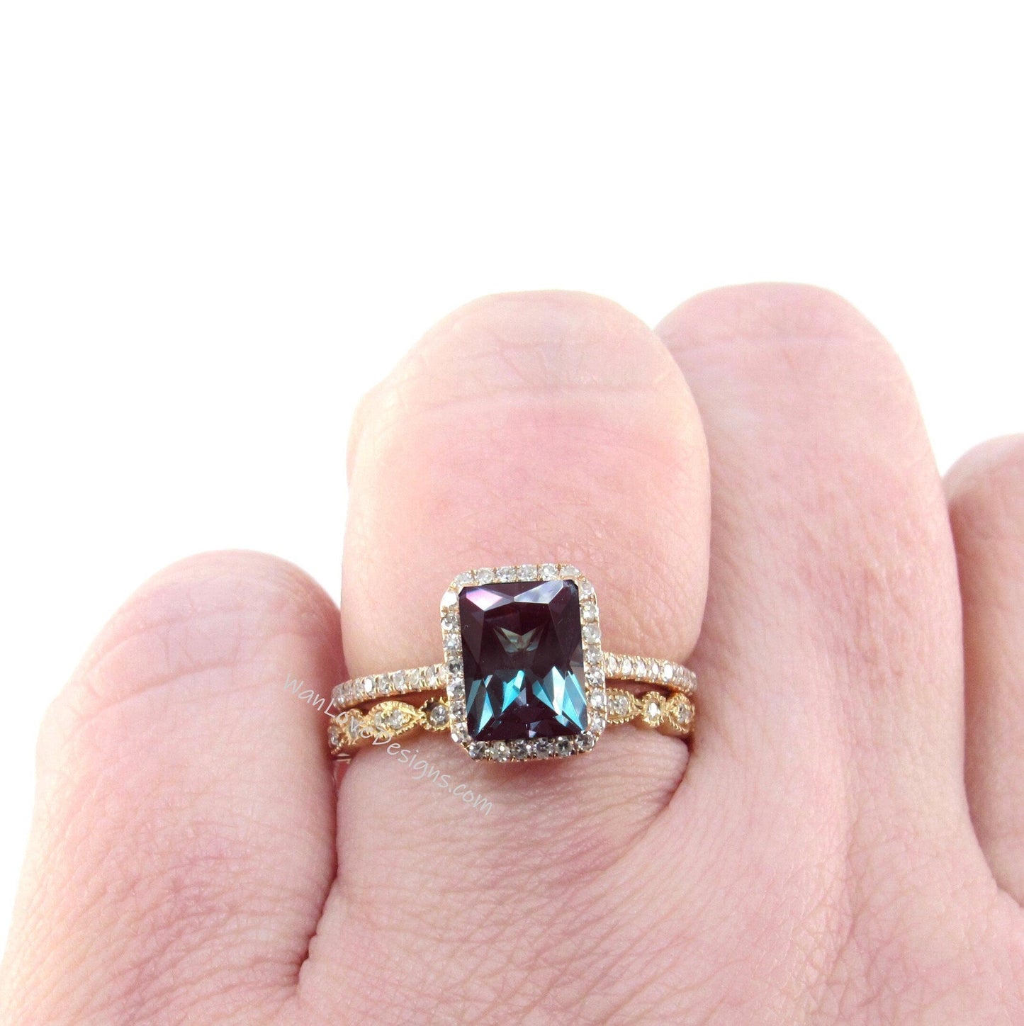 Alexandrite & Diamond Emerald Halo Engagement Ring Set-band Custom-Wedding-Anniversary 14k 18k White Yellow Rose Gold-Platinum Wan Love Designs