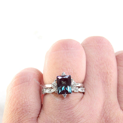 Alexandrite & Diamond Emerald cut Engagement Ring Set,Full Eternity Wedding Band Custom-14k 18k White Yellow Rose Gold-Platinum Wan Love Designs