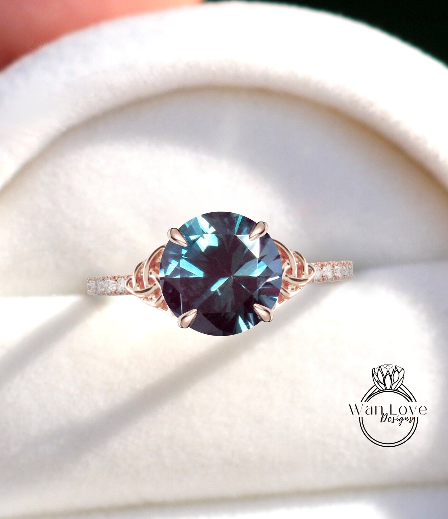 Alexandrite & Diamond Engagement Ring, Celtic Knot, Round, Custom, Wedding,14k 18k White Yellow Rose Gold,Platinum,Anniversary Wan Love Designs
