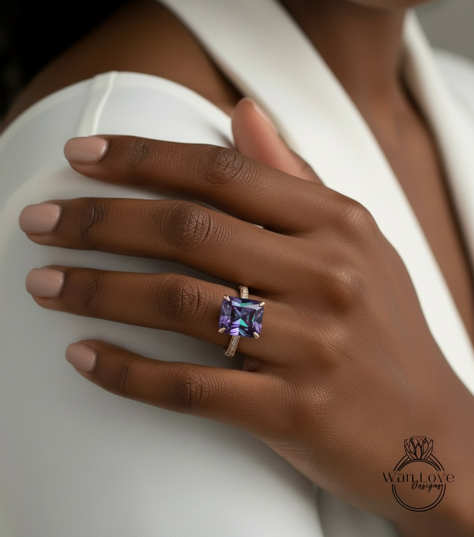 Alexandrite & Diamond Emerald cut 3 sided Band Celebrity Style Engagement Ring Custom 14k 18k White Yellow Rose Gold Platinum Wedding Anniversary Bridal Gift
