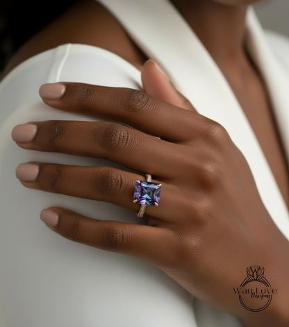 Alexandrite & Diamond Emerald cut 3 sided Band Celebrity Style Engagement Ring Custom 14k 18k White Yellow Rose Gold Platinum Wedding Anniversary Bridal Gift